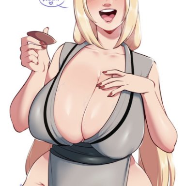 naruto, naruto (series), naruto shippuden, tsunade, chikkibug, 1girls, blonde hair, bottomless, breasts, brown eyes, cleavage, clothing, colored nails, cropped legs, cup