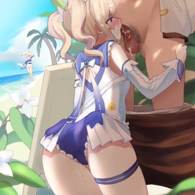 genshin impact, barbara (genshin impact), jean (genshin impact), jean gunnhildr, taotao, 1boy, 2girls, adapted costume, ass, barbara pegg, bare shoulders, beach, blonde hair, blue eyes, blue sailor collar