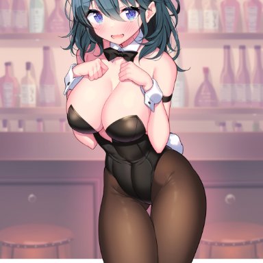 fire emblem, fire emblem: three houses, nintendo, byleth (fire emblem), byleth (fire emblem) (female), ichi-jirushi, 1girls, animal ears, bar, bare shoulders, black neckwear, blue eyes, blue hair, blush, bow