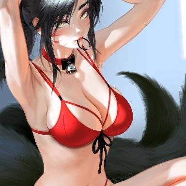 league of legends, ahri, pool party ahri, emirp199, armpits, arms behind, arms behind head, arms up, bell, bell collar, big breasts, bikini, black hair, cat ears, choker