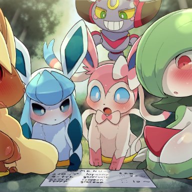 pokemon, gardevoir, glaceon, hoopa, lopunny, sylveon, dagasi, alternate breast size, animal ears, arm support, black sclera, blue eyes, blue hair, blue sclera, blush