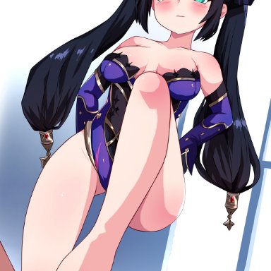 genshin impact, mona (genshin impact), pruzhka, 1boy, 1girls, arms behind back, bare legs, bare shoulders, barefoot, black hair, blush, breasts, clothed female nude male, cum, cumshot