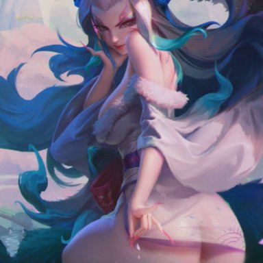 league of legends, spirit blossom series, ahri, spirit blossom ahri, fmm-cat, ass, big ass, big butt, blue hair, cat ears, long nails, looking at viewer, looking back, nekomimi, standing