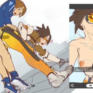 blizzard entertainment, overwatch, snapchat, brian (overwatch), tracer, kenno arkkan, 1boy, 1boy1girl, 1girl, 1girls, after paizuri, age difference, breasts, brown hair, cheating
