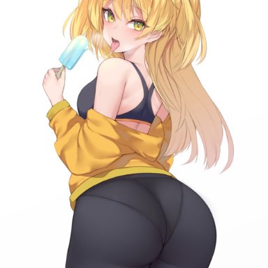 idolmaster, idolmaster cinderella girls, jougasaki rika, kuavera, ass, bike shorts, blonde hair, breasts, female, food, from behind, gyaru, holding, holding food, huge ass