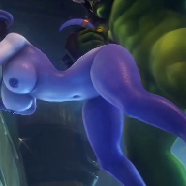 world of warcraft, draenei, noname55, 1boy, 1boy1girl, 1girl, 1girls, against wall, ambiguous penetration, big breasts, black hair, blue skin, bouncing breasts, doggy style, from behind