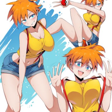 creatures (company), game freak, nintendo, pokemon, pokemon (anime), pokemon (classic anime), kasumi (pokemon), misty (pokemon), suzusiigasuki, alternate breast size, bent over, blue eyes, blush, breasts, cleavage