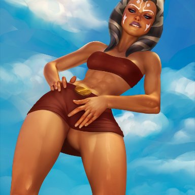 clone wars, star wars, ahsoka tano, evulchibi, 1girls, abs, alien, areolae, athletic, athletic female, belt, beltskirt, biting lip, blue eyes, breasts