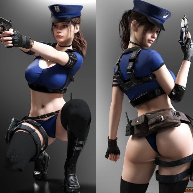 resident evil, resident evil 2 remake, claire redfield, rude frog, 1girls, ass, back view, big ass, brown hair, cap, cleavage, clothed, crop top, crouching, female