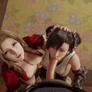 final fantasy, final fantasy vii, final fantasy vii remake, aerith gainsborough, tifa lockhart, auxtasy, 1boy, 2girls, asian, blowjob, collaborative fellatio, deep blowjob, double bun, fellatio, male pov