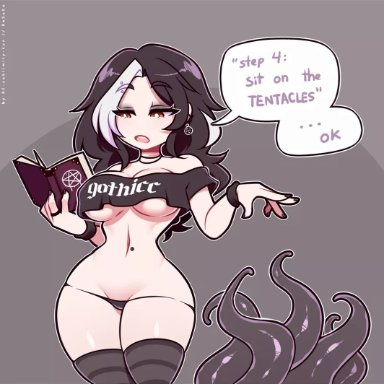 re-sublimity-kun, 1girls, black hair, book, breasts, consensual tentacles, crop top, earrings, female, female only, goth, hourglass figure, imminent sex, imminent tentacle sex, large breasts