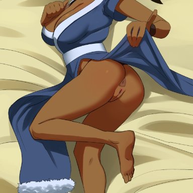 avatar the last airbender, katara, thehumancopier, 1girls, blue eyes, brown hair, bubble ass, bubble butt, dark-skinned female, dark skin, female, female focus, female only, looking at viewer, presenting ass