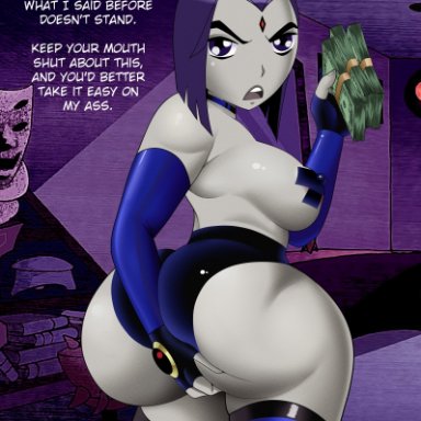 dc, teen titans, rachel roth, raven, doompypomp, 1girl, choker, dat ass, grey skin, holding butt, looking at viewer, money, nipple tape, prostitution, purple eyes