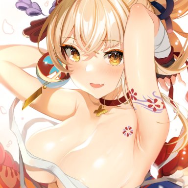 genshin impact, yoimiya (genshin impact), alcoholrang, armpits, arms up, bandages, blonde hair, blush, breast tattoo, breasts, choker, cleavage, covered nipples, eyeshadow, fang