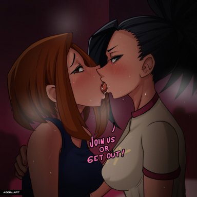 my hero academia, momo yaoyorozu, ochako uraraka, accelart, 2girls, black hair, blush, brown eyes, brown hair, clothed, female, female only, french kiss, kissing, looking at viewer