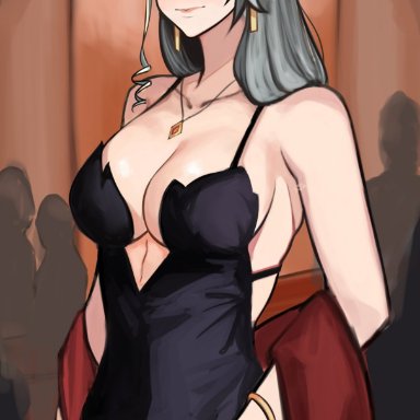 persona, persona 5, persona 5 royal, sae niijima, nero watch, big breasts, blush, dress, jewelry, large breasts, red eyes, revealing clothes, silver hair