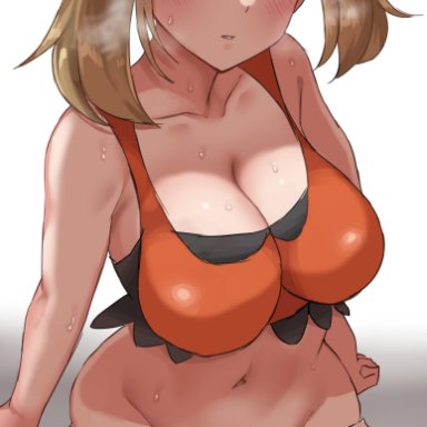 nintendo, pokemon, pokemon oras, pokemon rse, may (pokemon), mana nzmr, 1girls, alternate breast size, armpit crease, arms by side, barely clothed, belly button, black panties, blue eyes, blush