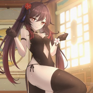 genshin impact, hu tao (genshin impact), 1girls, black dress, breasts, brown hair, bunny ears, china dress, cleavage, feint, female, house, looking at viewer, panties, red eyes