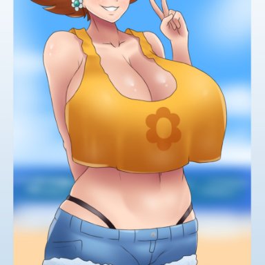 mario (series), nintendo, super mario bros., princess daisy, azraelwebster, belly button, big breasts, blue eyes, breasts, brown hair, earrings, female, female only, flower earrings, freckles