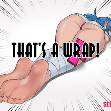 skullgirls, valentine (skullgirls), seishinashi, ass, barefoot, blue hair, feet, female, looking back, nurse, soles, solo, toes, text