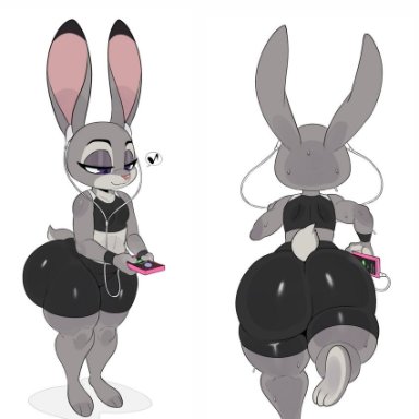 zootopia, judy hopps, sssonic2, anthro, ass, big butt, bike shorts, biped, bottomwear, clothed, clothing, dipstick ears, earbuds, female, flat chested