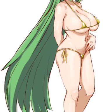 kid icarus, kid icarus uprising, nintendo, palutena, awesomeerix, 1girls, arm behind back, bare feet, bare legs, barefoot, barely clothed, barely contained, bikini, blush, breasts