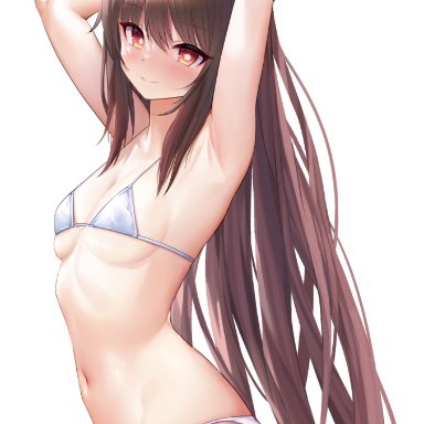 genshin impact, hu tao (genshin impact), rable, 1girls, armpits, bikini, breasts, brown hair, female, red eyes, small breasts, underboob, white bikini, hi res