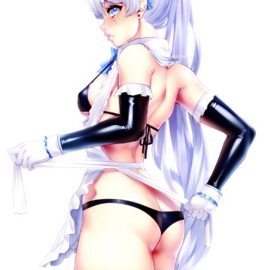 apron, ass, exposed panties, grapesliime, maid, maid uniform, phloxberry, ponytail, rwby, scar, weiss schnee, white hair