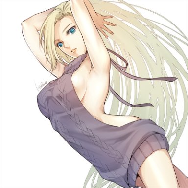 1girls, armpits, arms up, backless outfit, bangs, blonde hair, blue eyes, breasts, cowboy shot, dress, dutch angle, floating hair, ino yamanaka, ksn (sleeping chick), long hair