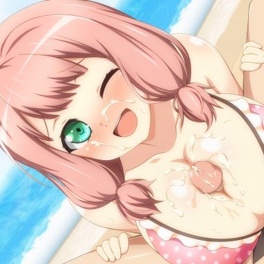 1boy, ;d, after paizuri, aqua eyes, bang dream!, bangs, beach, bikini, blush, breasts, censored, cleavage, closed eyes, collarbone, commentary request