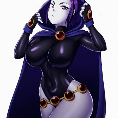 1girls, cloak, dc, female, female only, grey skin, hood, large breasts, leotard, looking at viewer, nipples visible through clothing, pale skin, purple eyes, purple hair, raven