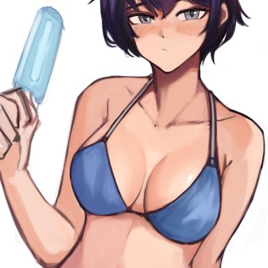 1girls, bikini, blue bikini, blue hair, blush, breasts, grey eyes, hand behind back, holding object, ice cream, large breasts, medium breasts, naoto shirogane, nero watch, persona