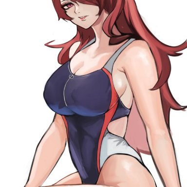 1girls, big ass, big breasts, big butt, breasts, competition swimsuit, large breasts, long hair, looking at viewer, mitsuru kirijo, nero watch, oil, oiled skin, one-piece swimsuit, persona