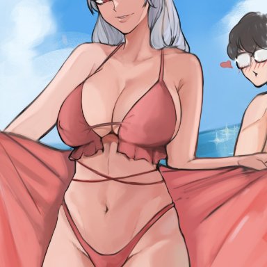 akira kurusu, beach, belly, big breasts, bikini, blush, cloud, glasses, heart-shaped pupils, large breasts, nero watch, persona, persona 5, persona 5 royal, persona 5 scramble: the phantom strikers