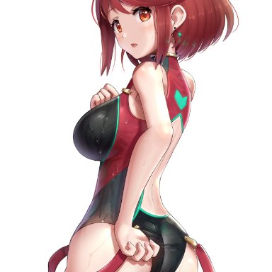 1girl, alternate costume, ass, competition swimsuit, ear piercing, female, gonzarez, gonzarez1938, nintendo, one-piece swimsuit, open mouth, pyra, red eyes, red hair, short hair