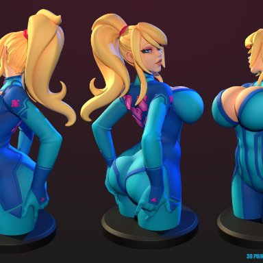 3d, ass, back view, blonde hair, blue eyes, bodysuit, breasts, cleavage, cleavage cutout, front view, hi res, huge breasts, looking back, metroid, multiple views