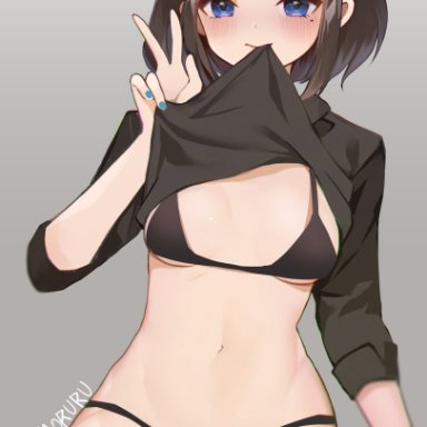 2021, absurd res, artist name, black bra, black panties, blue eyes, blue nails, blush, bra, breasts, brown hair, cleavage, clothing, embarrassed, gradient background