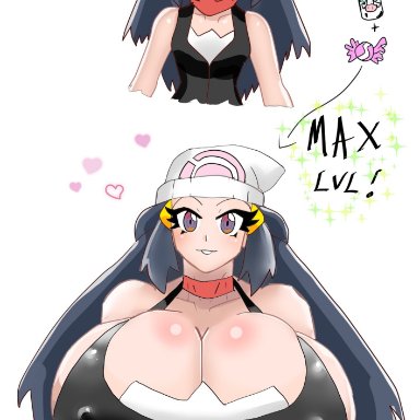 1girls, artist signature, big breasts, black hair, blush, bottle, breast expansion, breasts, cleavage, collarbone, dawn (pokemon), female, female only, hat, headwear