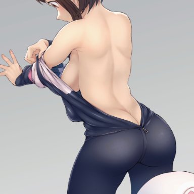 1girls, ass, back, back view, blush, bodysuit, boots, breasts, brown eyes, brown hair, butt, color, female, female only, grey background