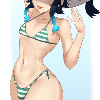 1boy, androgynous, bikini, blue eyes, braided twintails, bulge, curvy figure, eye contact, femboy, genshin impact, girly, hat, hioyami, looking at viewer, male