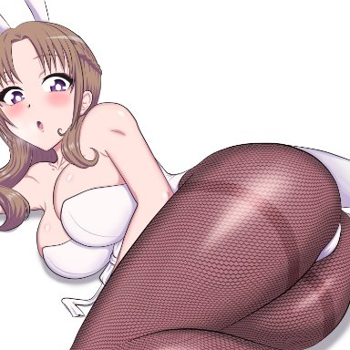 animal ears, ass, breasts, bright pupils, brown hair, bunny ears, female, fishnet pantyhose, fishnets, highres, large breasts, leotard, looking at viewer, milf, oosuki mamako
