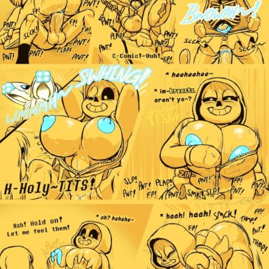 ass, big breasts, black and white, breast grab, breasts, comic (under(her)tail), fat ass, frisk, frisky (under(her)tail), gaster blaster, jacket, mommy milkers, penetration, rule 63, sans
