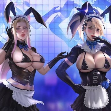 4girls, ahri, akali, alternate costume, apron, big ass, big breasts, big thighs, blonde hair, blush, bowtie, bunny ears, bunnysuit, evelynn, k/da ahri