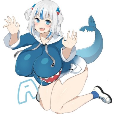 aged up, alternate breast size, big breasts, gawr gura, hololive english, shark girl, sinensian, sneakers, tail, thick thighs, virtual youtuber, white hair