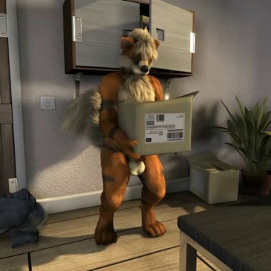 2019, 3d (artwork), 3d animation, 3d fluid sim, 4:3, 4 toes, 5 fingers, abs, all fours, animated, anthro, anthrofied, arcanine, arm support, arm tuft