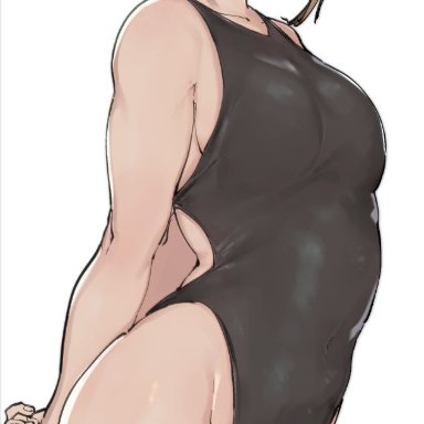 :d, alp, arms behind back, bare shoulders, black swimsuit, blonde hair, blush, boku no hero academia, breasts, commentary request, contrapposto, cowboy shot, double bun, eyebrows behind hair, female