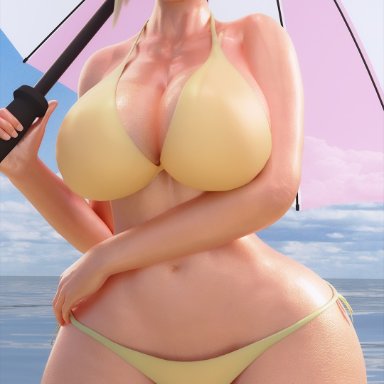 1girls, 3d, bikini, female, female focus, female only, holding umbrella, large breasts, looking at viewer, mercy, overwatch, sampples, smile, solo, solo female