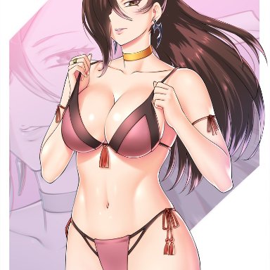 1girls, alternate costume, armlet, bangs, bare shoulders, bikini, braid, breasts, brown eyes, brown hair, choker, cleavage, earrings, female, fire emblem