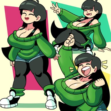 aged up, alternate breast size, big breasts, black hair, black thighhighs, blue shorts, bouncing breasts, bra strap, breasts, cartoon network, cleavage, closed eyes, codename: kids next door, green sweater, jean shorts
