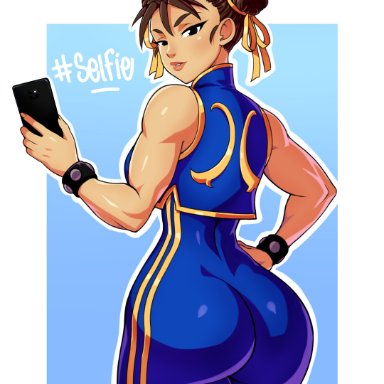 1girls, ass, big ass, brown hair, cellphone, chun-li, clothed, female, female only, hand on hip, looking at viewer, looking back, muscular arms, muscular female, parted lips